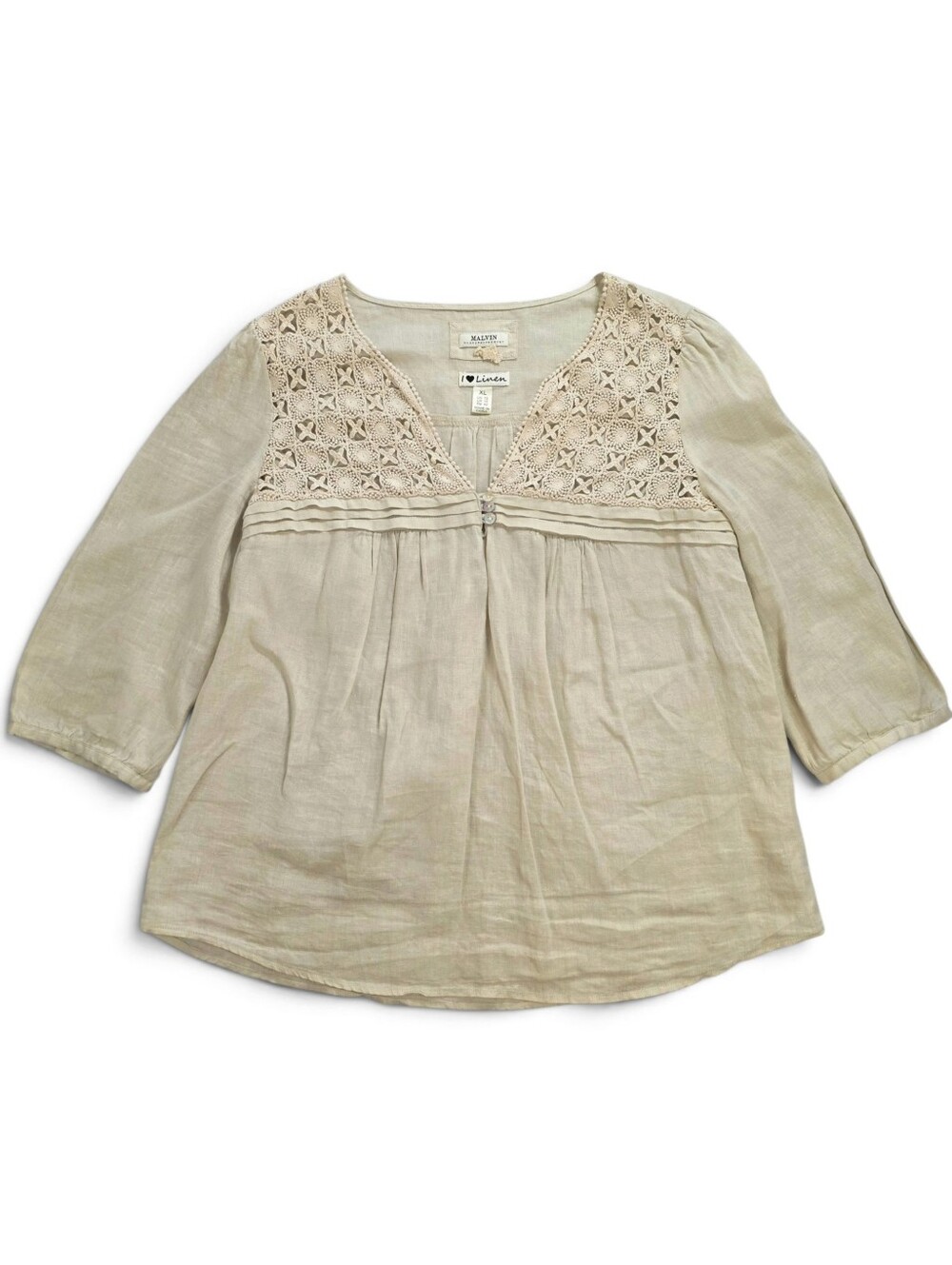 Malvin I Love Linen Oatmeal 100% Linen Crochet Boho Lagenlook Blouse Top Size XL